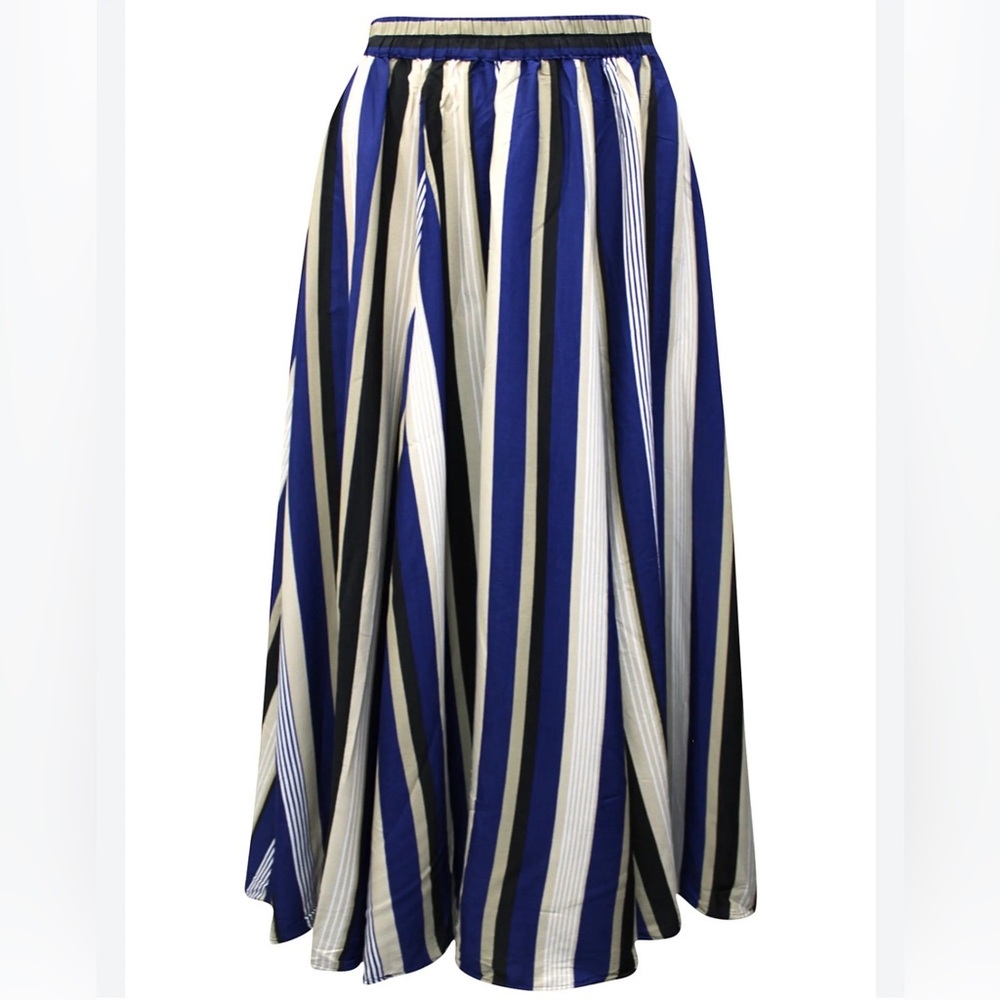 Mlle Gabrielle Elastic Waist A-line long Maxi Skirt - blue and black stripes